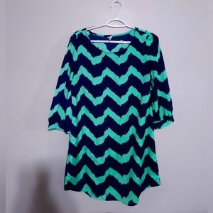 Women's Tunic Dress, Navy and Green, Great Chevron Pattern, like New